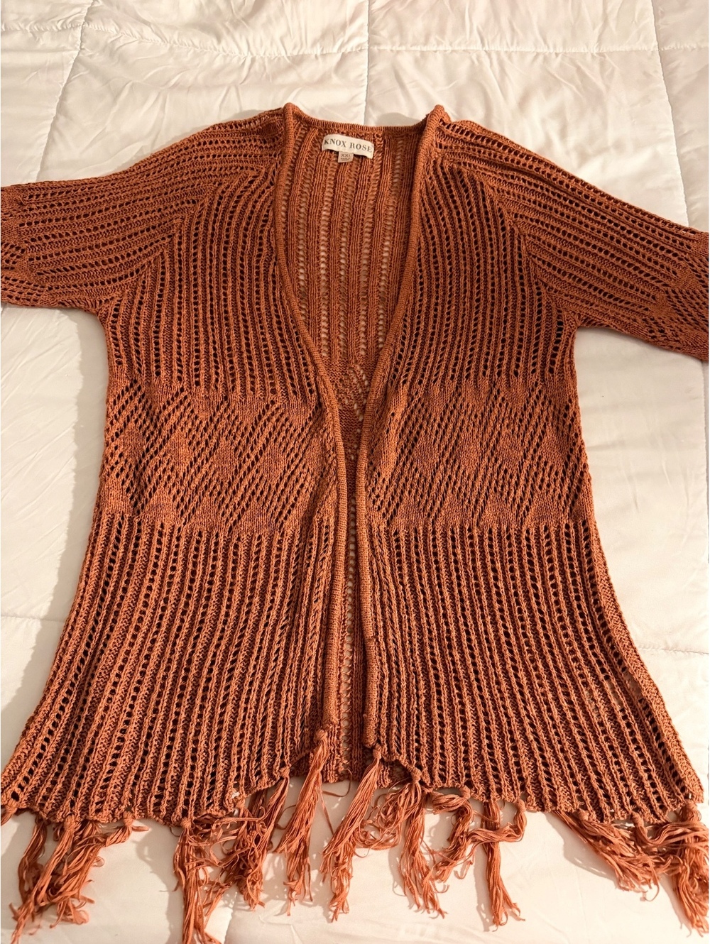 Knox Rose Women's XXL Open Knit Cardigan Sweater with Fringe